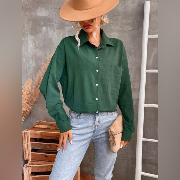 Women’s Spring & Autumn Casual Solid Forest Green Color Long Sleeve Shirt Sz L - Picture 6 of 7